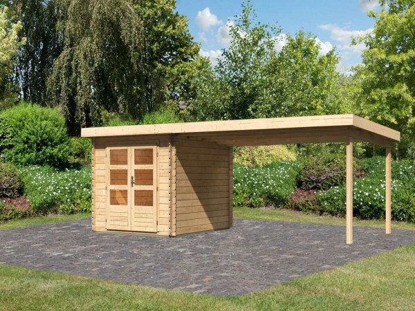 Gartenhaus Blockbohlenhaus SET Bastrup 4 28 mm naturbelassen, inkl. 4 m Anbaudach