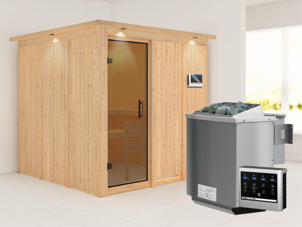 Systemsauna Rodin mit Dachkranz, graphit Ganzglastür, inkl. 9 kW Bio-Kombiofen ext. Steuerung