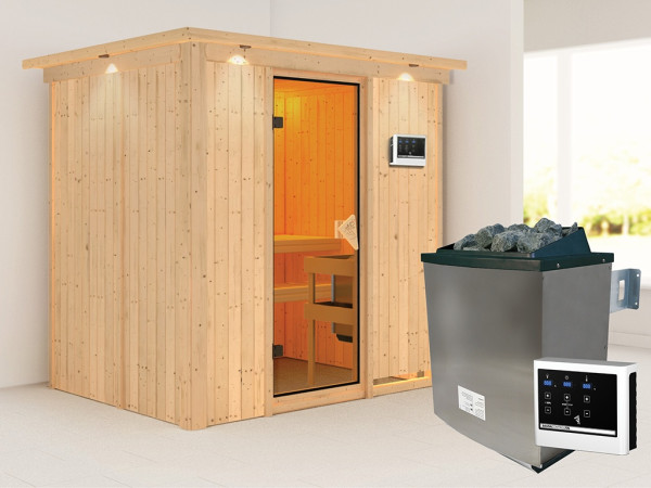 Sauna Systemsauna Bodin mit Dachkranz, inkl. 9 kW Ofen mit externer Steuerung