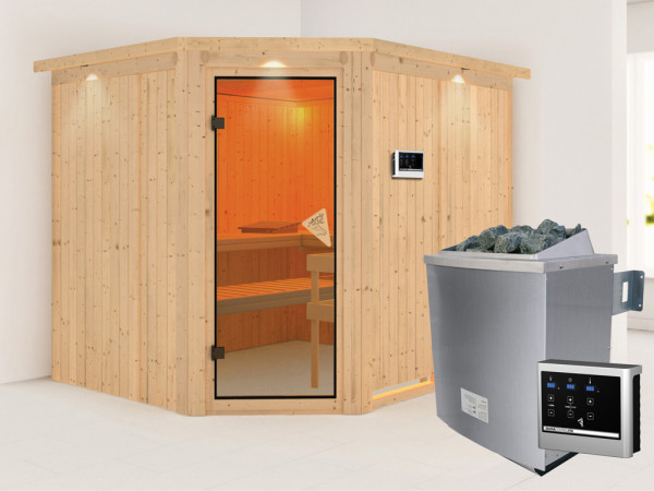 Systemsauna Malin mit Dachkranz, bronzierte Ganzglastür, inkl. 9 kW Saunaofen ext. Steuerung