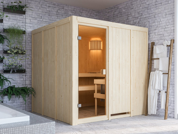 Elementsauna 68 mm Celine 4 SPARSET inkl. 6,8 kW Saunaofen Glow und ext. Steuerung