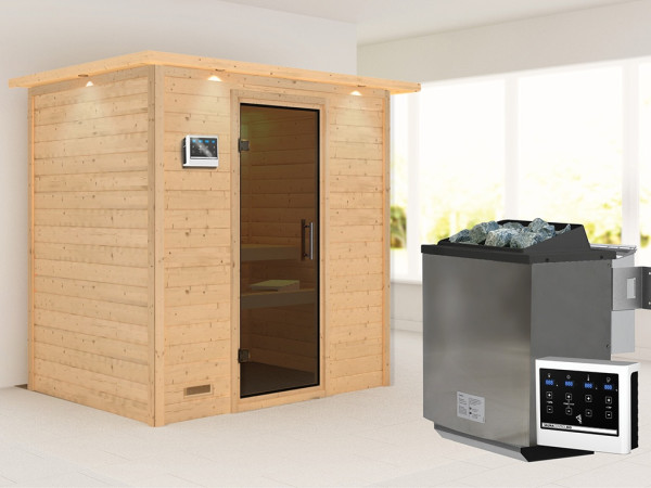 Sauna Massivholzsauna Sonja mit Dachkranz, inkl. 9 kW Bio-Ofen mit externer Steuerung