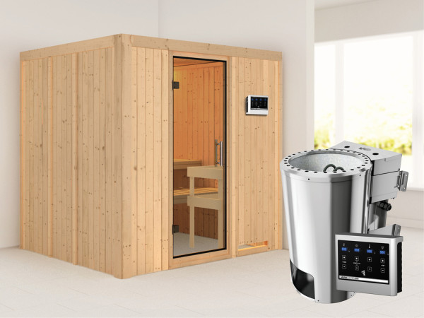 Sauna Systemsauna Daria Klarglas Ganzglastür + Plug & Play Bio-Ofen mit externer Steuerung