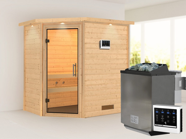 Sauna Massivholzsauna Svea mit Dachkranz, inkl. 9 kW Bio-Ofen mit externer Steuerung