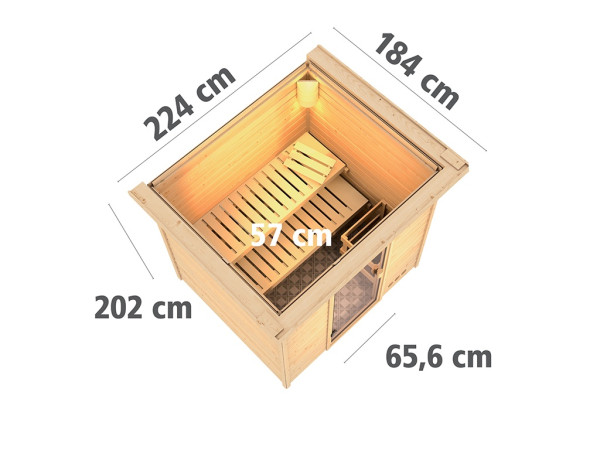 Sauna Massivholzsauna Anja mit Dachkranz, inkl. 9 kW Ofen mit externer Steuerung