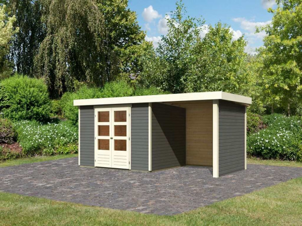 Gartenhaus SET Askola 5 19 mm terragrau, inkl. 2,4 m Anbaudach + Seiten- und Rückwand