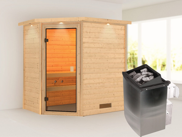 Sauna Massivholzsauna Svea mit Dachkranz, inkl. 9 kW Ofen mit integrierter Steuerung