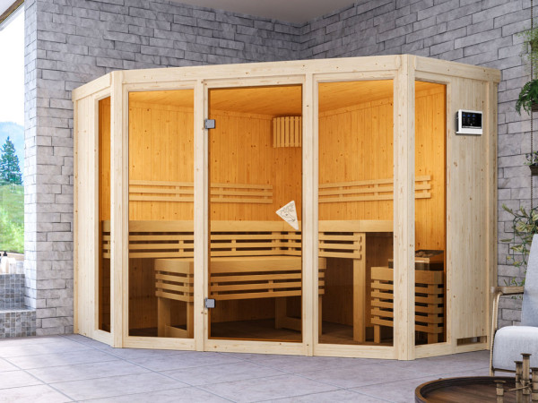 Sauna Alcinda mit bronzierter Glastür + 9 kW Saunaofen ext. Strg.