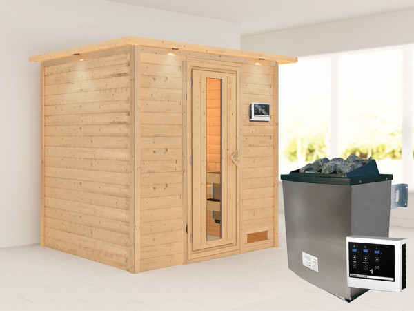Sauna Massivholzsauna Anja mit Dachkranz, inkl. 9 kW Ofen mit externer Steuerung